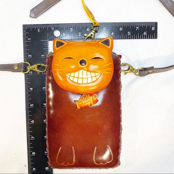 NOVELTY GRINNING KITTY W/ FISH CROSS-BODY CELLPHONE HOLDER WALLET 8x4.5” - Picture 1 of 16